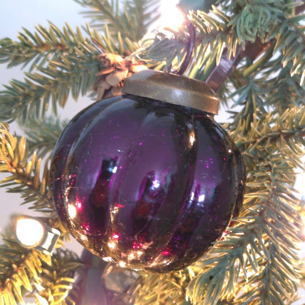 Lot of 3 Kugel Style Purple Crackel Ribbed Christmas Ornaments